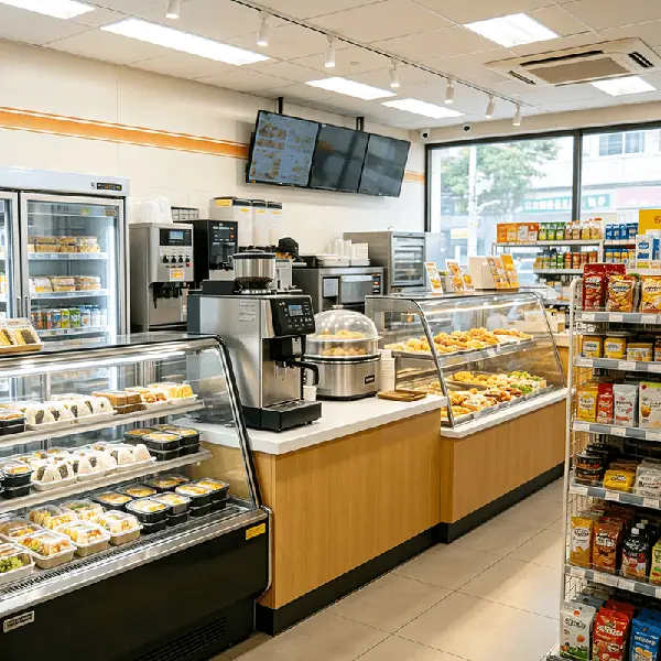 社区综合生活超市门店实景：冷藏柜便当与三明治、咖啡机与热食保温锅组成现制档口，玻璃柜陈列面包烘焙，旁侧为休闲食品货架