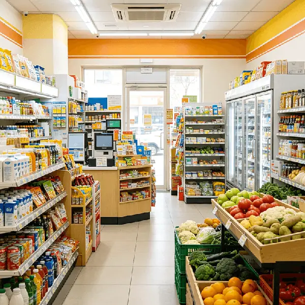 中型社区连锁超市门店实景：中央收银台双屏POS结算，两侧零食乳品饮料货架与立式冷藏柜，前区木质果蔬货架陈列当季生鲜