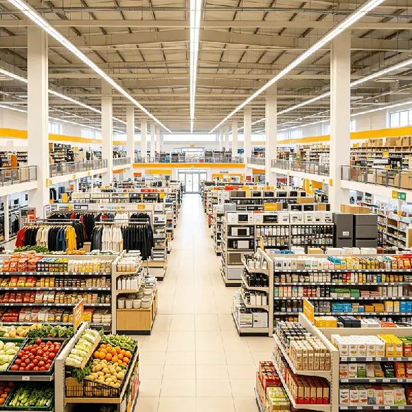 大型区域连锁综合超市门店实景：宽中央通道两侧分布生鲜果蔬堆头、粮油调味与酒水罐头货架，并设服装挂陈与厨电专区，多品类分区经营