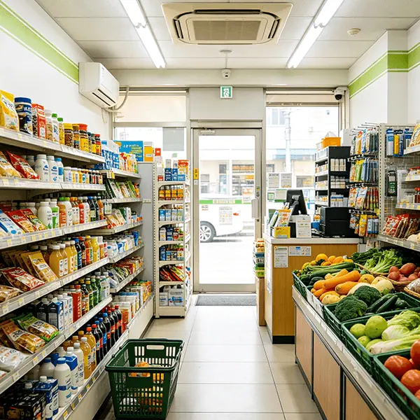 中小型社区便利店门店实景：一侧货架陈列调味品、乳品与饮料，中央收银台POS结算，绿色周转筐盛放蔬菜水果等生鲜商品