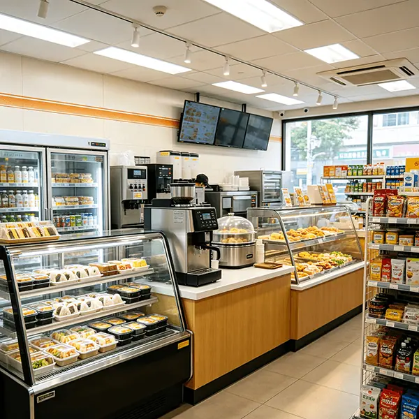 24小时鲜食连锁便利店门店实景：玻璃保温柜陈列便当三明治，旁侧关东煮热食锅、咖啡机与面包烘焙柜，自助点餐屏与休闲食品货架