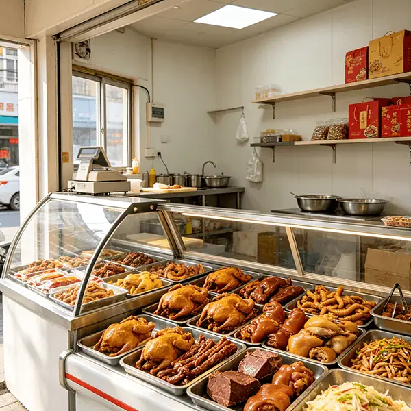 熟食卤味社区夫妻店选型场景：临街小店前场弧形玻璃展柜按盘陈列盐焗鸡、卤鸭、卤猪蹄与凉拌小菜散装称重销售，右侧墙面层架摆放红色礼盒，后场操作台配不锈钢盆具现场卤制加工，配套称重收银、效期提醒与线上小程序接单