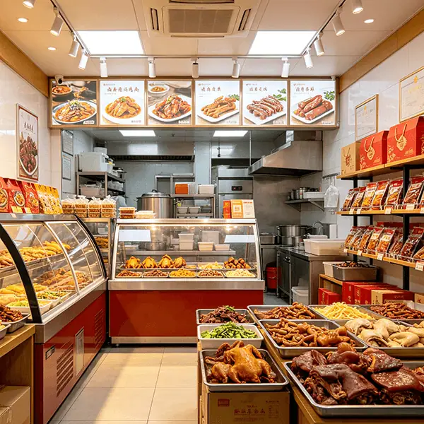 前店后场连锁熟食店选型场景：门店上方悬挂卤味菜品菜单灯箱，前场玻璃展柜与不锈钢托盘陈列卤鸡、卤鸭脖、卤猪蹄与凉拌小菜，后场明档厨房配置不锈钢卤锅与排烟罩现场卤制，右侧货架陈列锁鲜真空装与红色礼盒，配套BOM配方成本卡、Ai称重秤码互联与熟食效期损耗管控
