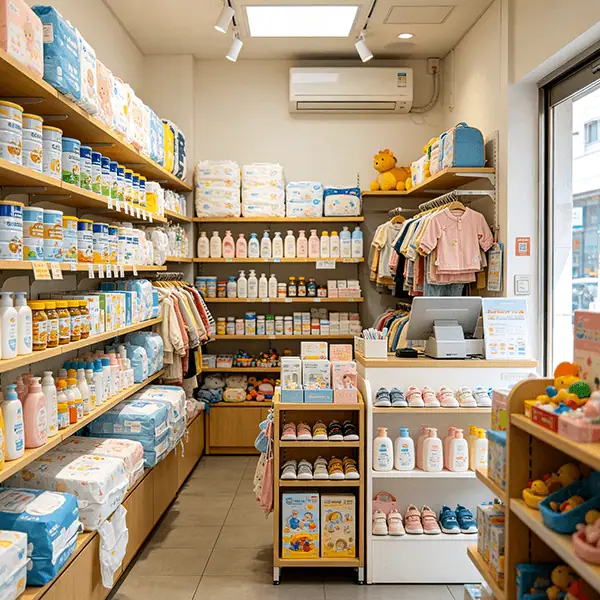 社区母婴童装玩具专卖店选型场景：靠墙木质货架整排陈列纸尿裤、奶粉罐与婴幼洗护用品，中岛层架陈列婴儿润肤用品与童鞋，右侧收银台配置收银设备并悬挂童装挂架，配套进销存管理、效期预警与宝宝会员档案