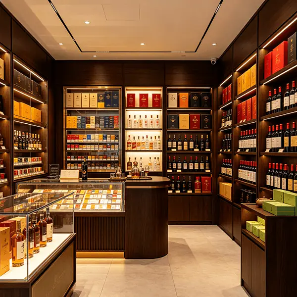烟酒专卖连锁门店实景：深色木质通顶酒柜按品牌陈列白酒、洋酒与红酒，中央弧形收银品鉴台，玻璃展柜陈列名酒单品