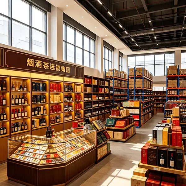 烟酒茶连锁集团门店实景：木质酒柜与玻璃柜台分区陈列红酒、白酒与香烟礼盒，后区重型货架整箱囤货，中岛堆头摆放节庆礼盒