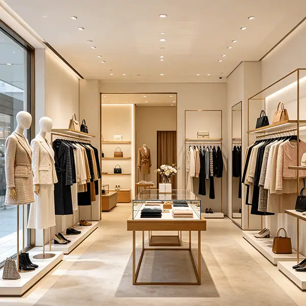 专柜/单店精品服饰实景：落地橱窗旁模特身穿粗花呢外套与白色连衣裙，两侧挂架陈列风衣、大衣等当季女装，中央玻璃展台叠放服饰并配花艺，层架与地台陈列挎包单鞋