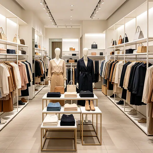 中型服饰连锁门店实景：两侧白色货架垂挂女装外套与上衣、上层陈列箱包，中央模特身穿针织套装与黑色连衣裙，金色展台叠放毛衫、牛仔裤与休闲鞋
