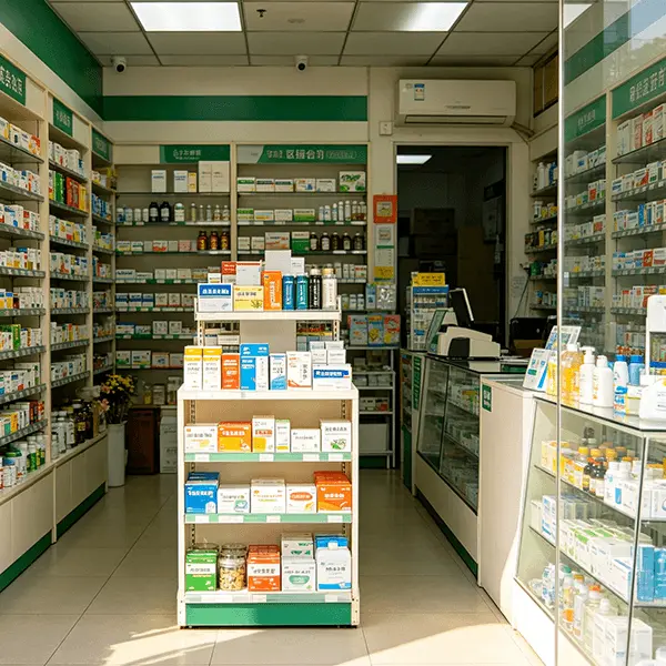 单体综合药店门店实景：绿色货架沿墙陈列处方药与OTC药品，中央矮架摆放药品礼盒，右侧玻璃柜台经营保健品与医疗器械，收银台配备电脑与刷卡设备