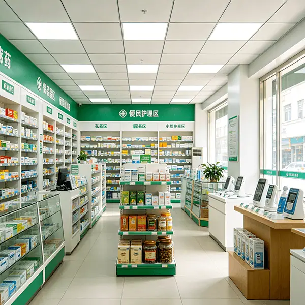 区域中型医药连锁门店实景：绿白配色卖场货架按用药科目分区陈列，中岛展台摆放花茶与足浴等滋补用品，右侧便民护理区设器械陈列台与收银服务台