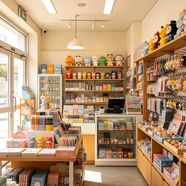 校园周边潮玩饰品单店实景：木质货架与玻璃柜台陈列挂件、徽章、文具、毛绒玩偶等小件周边