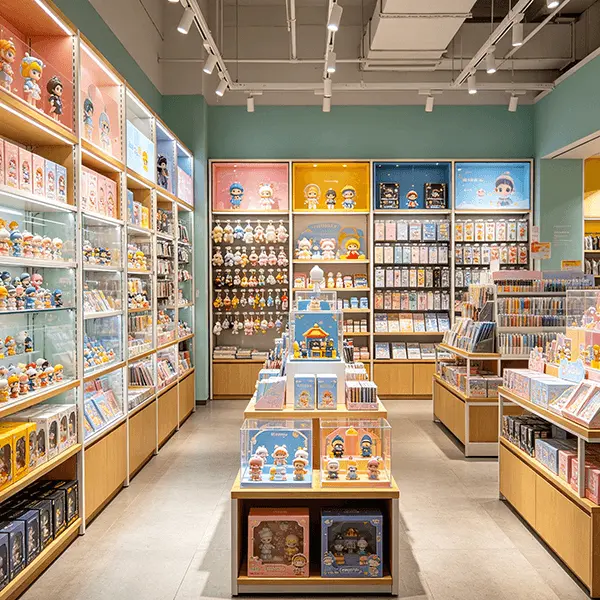 中型区域潮玩文创连锁门店实景：按IP系列分色陈列的盲盒与周边货架，中岛展台兼收银台的门店动线