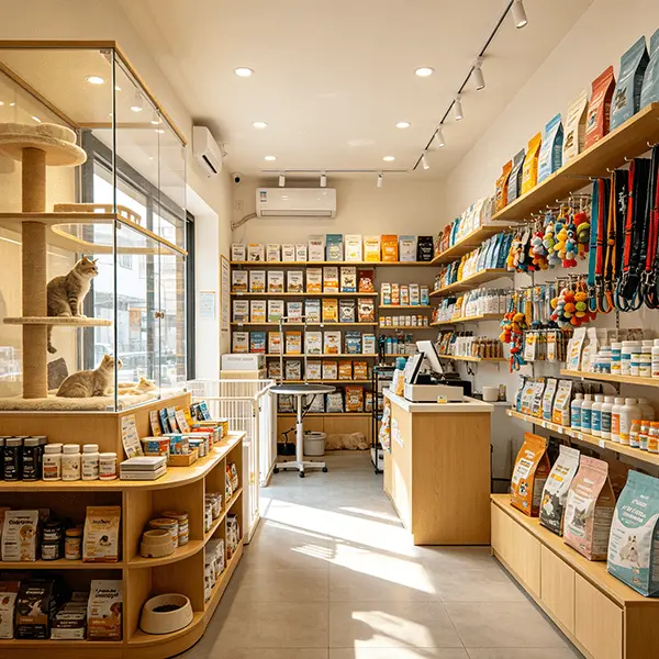 社区综合宠物生活馆单店实景：狭长卖场左侧玻璃橱窗内设猫爬架与猫咪，右侧墙面挂满牵引绳与宠物玩具，沿墙层架与中岛陈列猫粮狗粮及用品