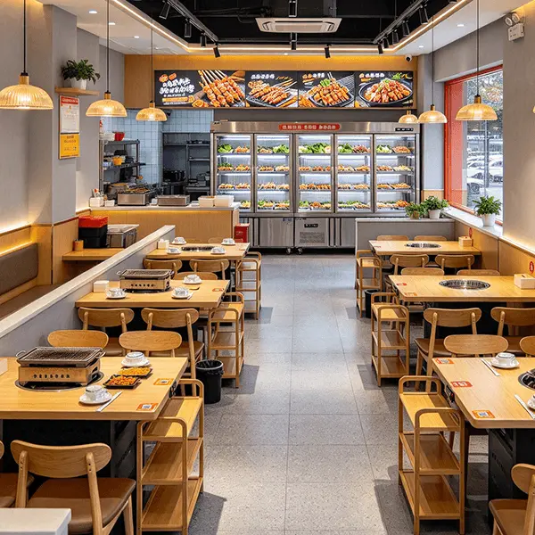连锁烧烤店夜宵堂食餐桌与点餐收银