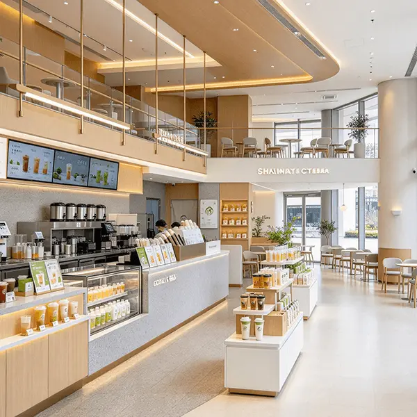 茶饮品牌连锁门店吧台、封口机与取餐叫号区