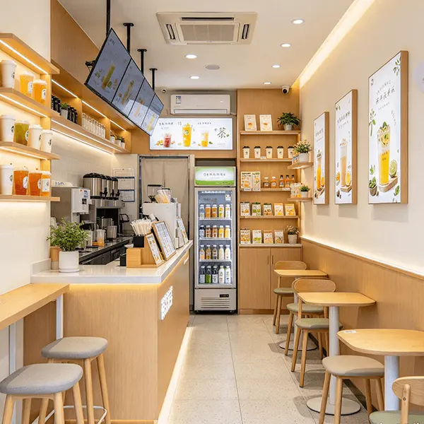茶饮水吧小店吧台、原料操作台与点单区