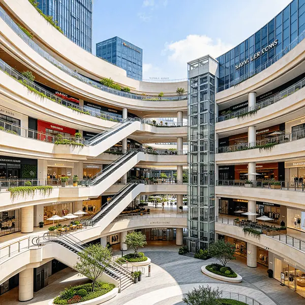 大型精品百货商场选型场景：中庭挑高楼层各层专柜分区陈列服饰箱包与美妆轻奢，中央扶梯客流穿行，收银区POS与会员核销设备，配套专柜联营结算、礼盒 BOM 配方与全域会员运营管控
