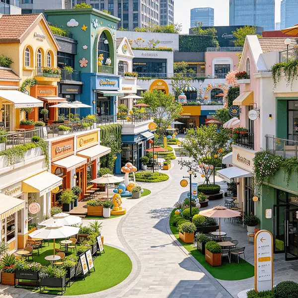 社区生活百货广场选型场景：小型商场两侧专柜陈列日用百货与文创礼品，中岛堆头码放节日礼盒，通道尽头收银台POS与小程序下单立牌，配套换季预警与会员复购运营