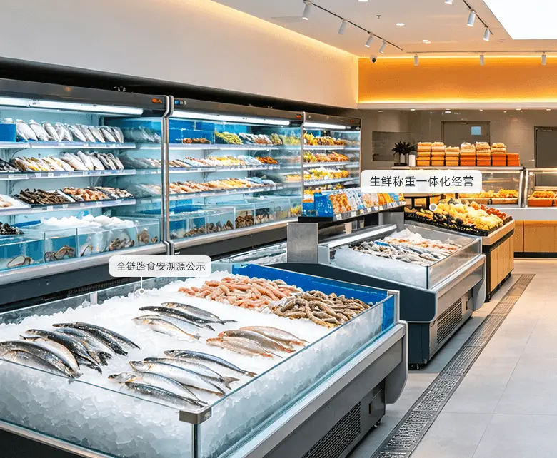 冷冻食品超市门店前台称重收银场景示意图：展示散称冻品称重计价与标品合并结算