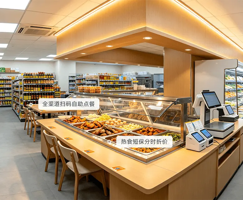 冷冻食品超市冻品效期食安管控场景示意图：展示批次溯源、临期预警与冷柜温度监控