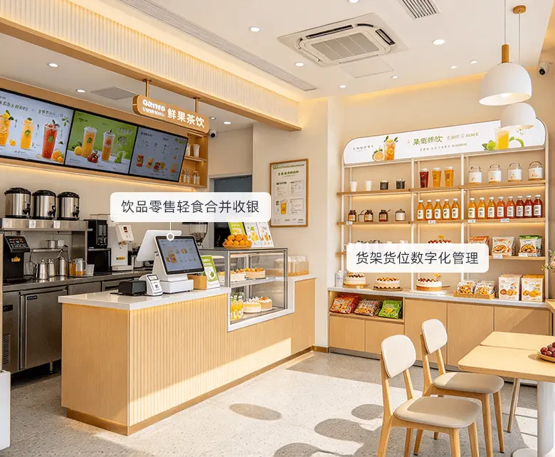 茶礼茶具零售复合经营场景示意图：展示餐饮零售合并收银与礼盒批次效期管理