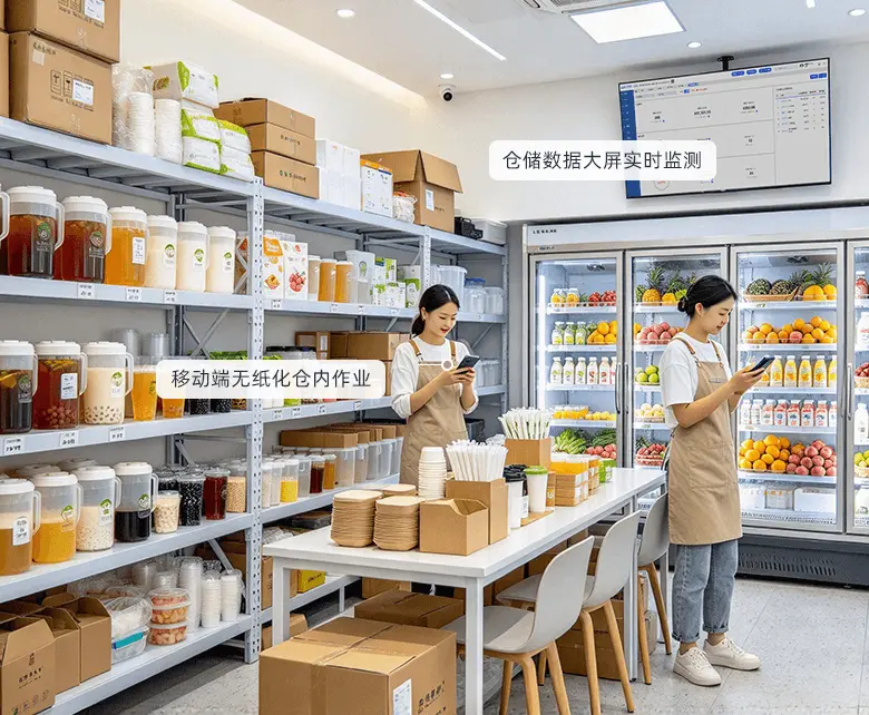 中央仓储与茶叶分装加工场景示意图：展示仓库分区库位、PDA作业与多门店合并分拣