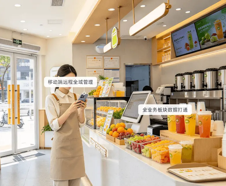 茶室总部全域管控场景示意图：展示全域经营数据大屏与多门店分级权限管控
