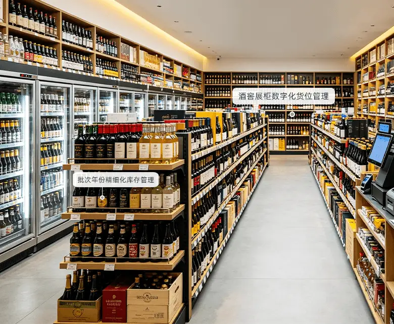 名酒零售专营经营场景：冷藏酒柜与双面酒架陈列红酒、白酒、啤酒及整箱名酒，收银台POS结算，配套批次年份精细化库存管理与酒窖展柜数字化货位管理