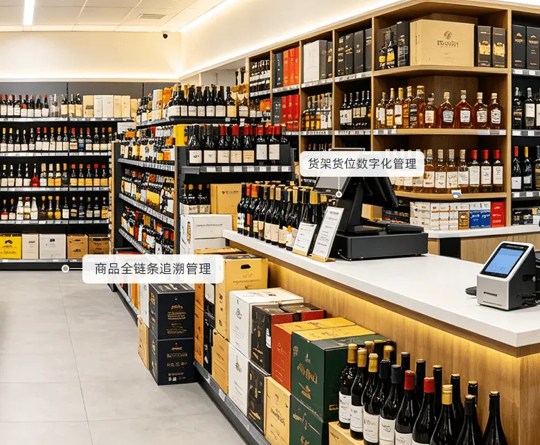 品鉴杯卖与茶礼雪茄复合场景：收银台双屏POS开单结算，货架陈列洋酒、雪茄与礼盒，木箱堆头摆放名酒，支持商品全链条追溯与货架货位数字化管理
