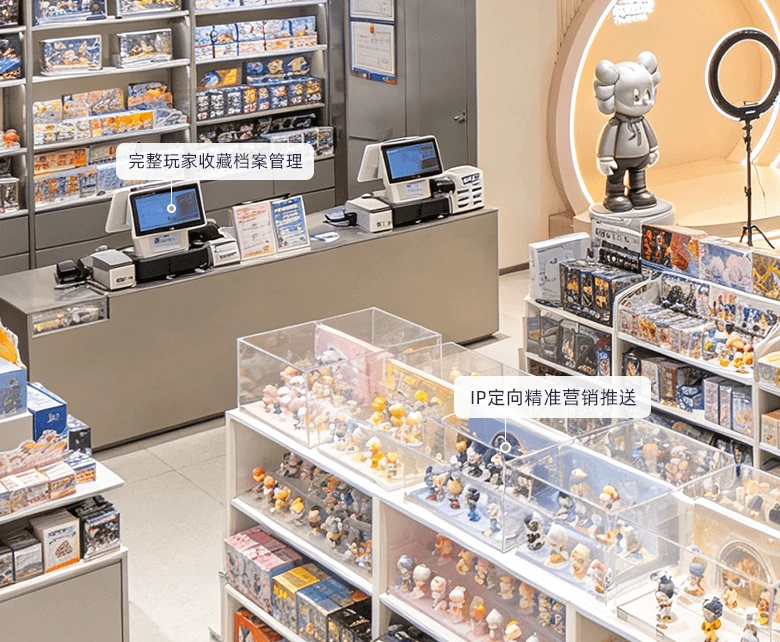 连锁玩具店潮玩玩具礼盒 BOM 组合管理场景示意图：展示礼盒配方扣料与标签打印