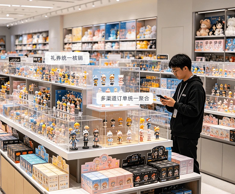 连锁玩具店中央仓储与分拣配送场景示意图：展示库位管理、PDA 作业与多门店配货调拨