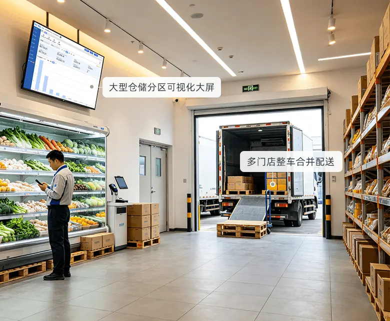 仓储会员超市中央冷链大仓配送经营场景示意图